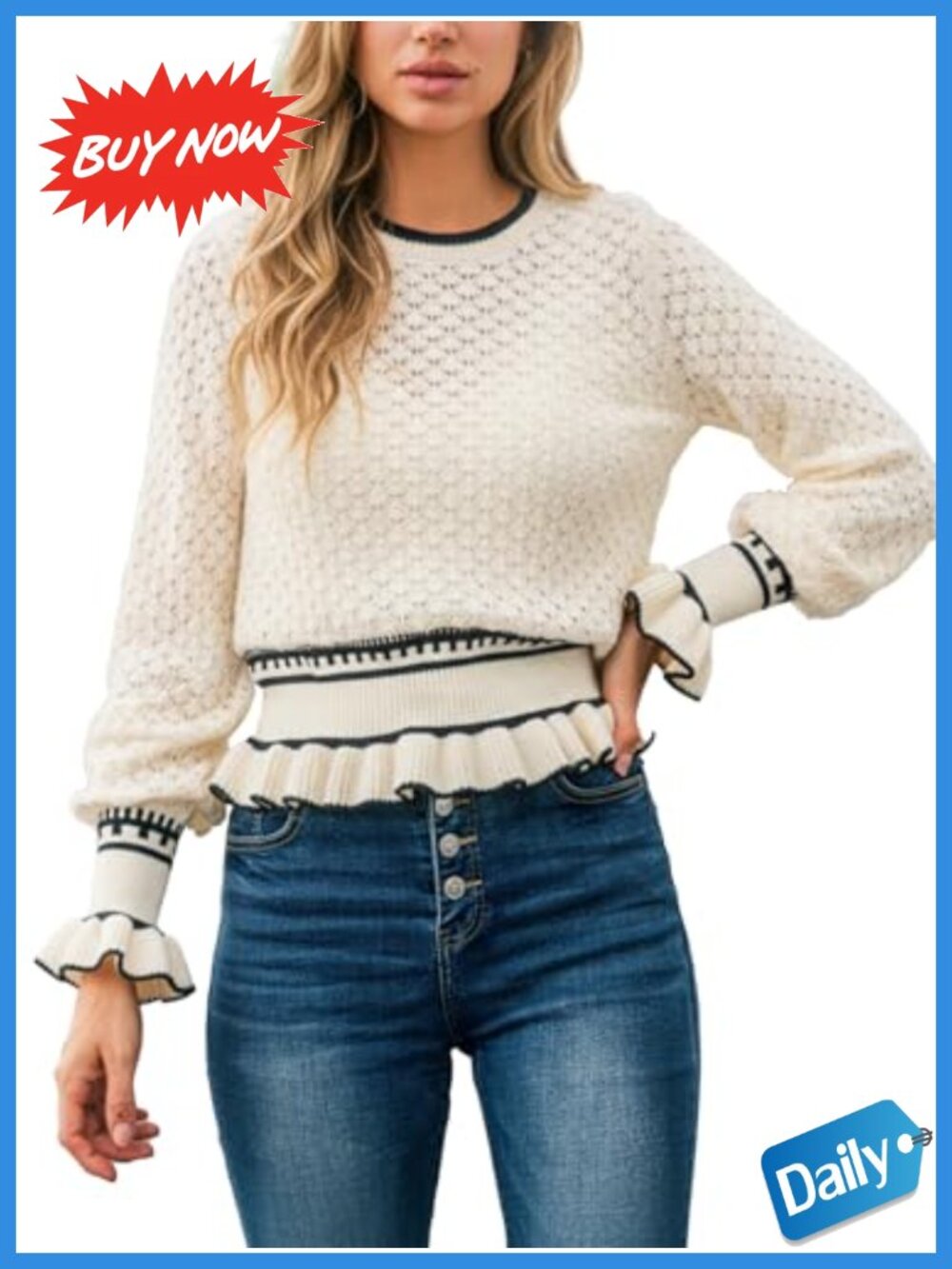 CUPSHE Ruffle Pullover Knit Sweater Lightweight Rayon Crew Neck Long Sleeve